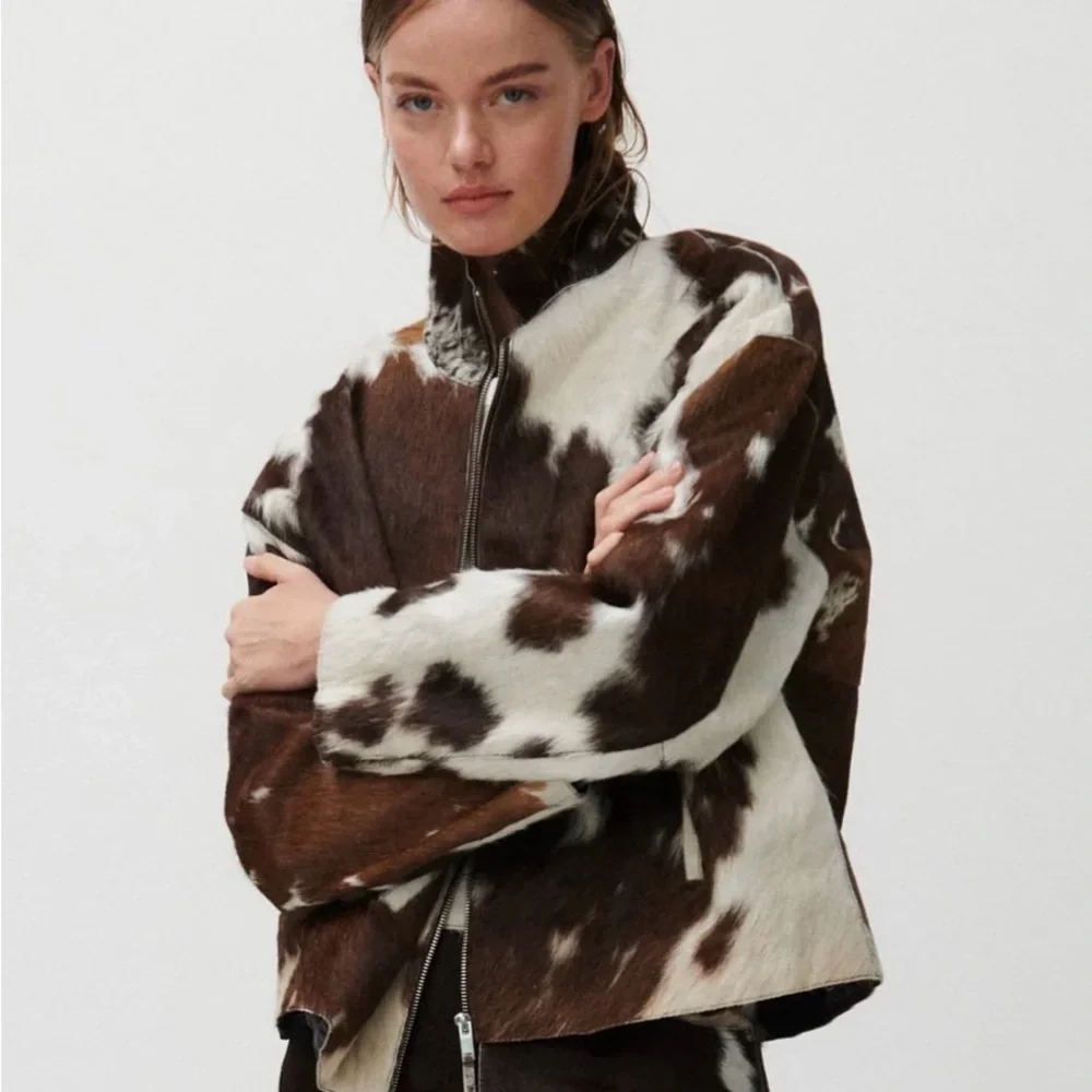 NWT Women's cow print calf hair western Brown and White genuine leather Jacket - Picture 2 of 15